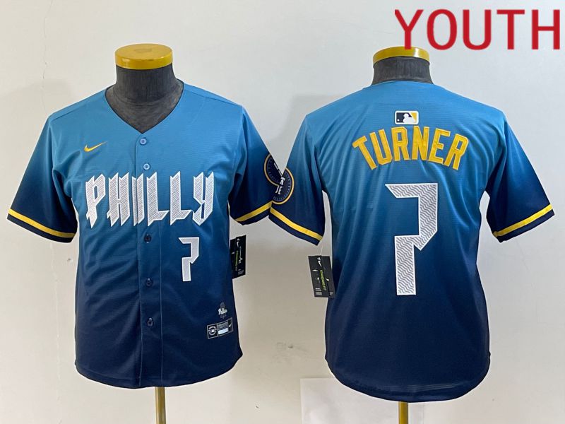 Youth Philadelphia Phillies 7 Turner Blue City Edition Nike 2024 MLB Jersey style 4